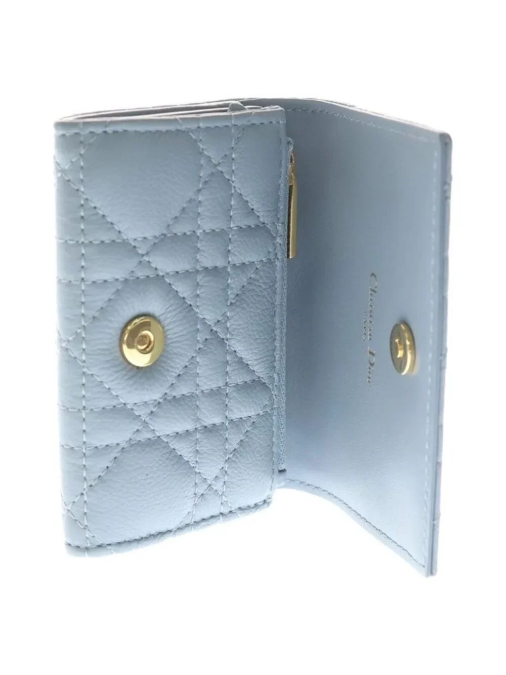 Dior Bifold Coin Case Cannage Business Card Holder Mini Wallet Light Blue